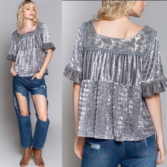 Gray Crushed Velvet POL top - Picture 3 of 3